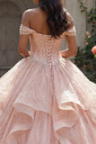 Vestido de Quinceanera Cor-de-Rosa com Missangas e Folhos Ombros Descobertos
