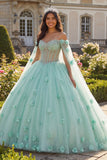 Vestido de baile verde claro com missangas e cordete 3D flor de quinceanera com mangas cape