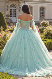 Vestido de baile verde claro com missangas e cordete 3D flor de quinceanera com mangas cape