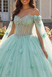 Vestido de baile verde claro com missangas e cordete 3D flor de quinceanera com mangas cape