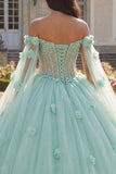 Vestido de baile verde claro com missangas e cordete 3D flor de quinceanera com mangas cape
