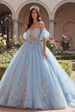 Vestido de baile azul céu Corset Aplicado ao Ombro Descoberto Vestido Quinceañera com Mangas Bufantes