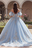 Vestido de baile azul céu Corset Aplicado ao Ombro Descoberto Vestido Quinceañera com Mangas Bufantes