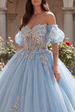 Vestido de baile azul céu Corset Aplicado ao Ombro Descoberto Vestido Quinceañera com Mangas Bufantes