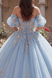 Vestido de baile azul céu Corset Aplicado ao Ombro Descoberto Vestido Quinceañera com Mangas Bufantes