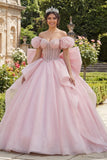 Vestido de baile, espartilho cor-de-rosa com missangas e ombro, vestido de quinceañera com laço grande