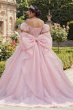 Vestido de baile, espartilho cor-de-rosa com missangas e ombro, vestido de quinceañera com laço grande