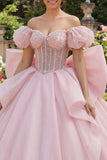 Vestido de baile, espartilho cor-de-rosa com missangas e ombro, vestido de quinceañera com laço grande