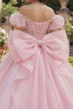 Vestido de baile, espartilho cor-de-rosa com missangas e ombro, vestido de quinceañera com laço grande