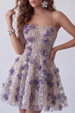 Vestido de cocktail curto curto floral de lantejoulas roxo brilhante