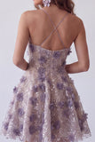Vestido de cocktail curto curto floral de lantejoulas roxo brilhante