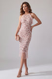 Vestido de cocktail Midi midi Hooder com Contas Brilhantes e Blush Bodycon, com Franjas