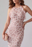 Vestido de cocktail Midi midi Hooder com Contas Brilhantes e Blush Bodycon, com Franjas