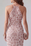 Vestido de cocktail Midi midi Hooder com Contas Brilhantes e Blush Bodycon, com Franjas