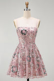 Vestido de cocktail curto floral floral com lantejoulas, blush brilhante