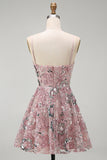 Vestido de cocktail curto floral floral com lantejoulas, blush brilhante
