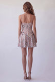 Vestido de cocktail curto floral floral com lantejoulas, blush brilhante