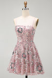 Vestido de cocktail curto floral floral com lantejoulas, blush brilhante