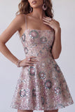 Vestido de cocktail curto floral floral com lantejoulas, blush brilhante