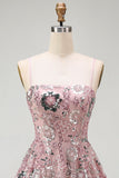 Vestido de cocktail curto floral floral com lantejoulas, blush brilhante