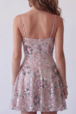 Vestido de cocktail curto floral floral com lantejoulas, blush brilhante