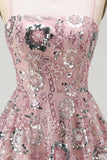 Vestido de cocktail curto floral floral com lantejoulas, blush brilhante
