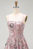 Vestido de cocktail curto floral floral com lantejoulas, blush brilhante