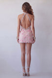 Vestido de cocktail com capças florais com misangas cor-de-rosa brilhante, justo, curto e com costas abertas