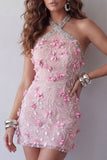 Vestido de cocktail com capças florais com misangas cor-de-rosa brilhante, justo, curto e com costas abertas
