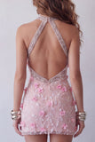 Vestido de cocktail com capças florais com misangas cor-de-rosa brilhante, justo, curto e com costas abertas