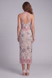 Vestido de cocktail floral Maxi com topo floral com blush brilhante e renda