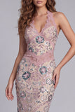 Vestido de cocktail floral Maxi com topo floral com blush brilhante e renda