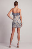 Vestido de cocktail curto, justo, apertado e apertado azul poeirento, sem alças, com folhos