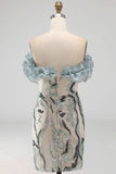 Vestido de cocktail curto, justo, apertado e apertado azul poeirento, sem alças, com folhos