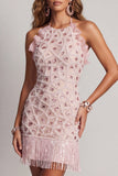 Blush brilhante Vestido de cocktail justo, curto com folhos e contas com franjas