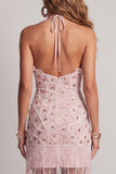 Blush brilhante Vestido de cocktail justo, curto com folhos e contas com franjas