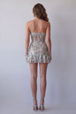 Vestido de cocktail curto justo, justo, apertado de sálvia de sálvia poeirento, sem alças,