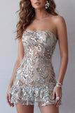 Vestido de cocktail curto justo, justo, apertado de sálvia de sálvia poeirento, sem alças,