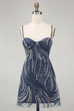 Vestido de cocktail curto cintilante azul-marinho com alças grossas e missangas