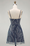 Vestido de cocktail curto cintilante azul-marinho com alças grossas e missangas