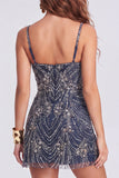 Vestido de cocktail curto cintilante azul-marinho com alças grossas e missangas