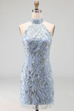 Vestido de cocktail cinzenta-azul, cinzento-azul, cinzento, justo, curto e com missangas