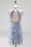 Vestido de cocktail cinzenta-azul, cinzento-azul, cinzento, justo, curto e com missangas