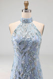 Vestido de cocktail cinzenta-azul, cinzento-azul, cinzento, justo, curto e com missangas