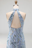 Vestido de cocktail cinzenta-azul, cinzento-azul, cinzento, justo, curto e com missangas