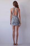 Vestido de cocktail cinzenta-azul, cinzento-azul, cinzento, justo, curto e com missangas