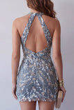 Vestido de cocktail cinzenta-azul, cinzento-azul, cinzento, justo, curto e com missangas