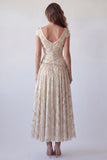 Vestido formal em linha A champanhe com decote em V, estampado em V, com mangas altas