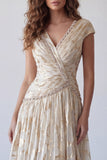 Vestido formal em linha A champanhe com decote em V, estampado em V, com mangas altas