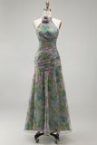 Vestido formal comprido em chiffon sálvia A-line floral franzado, decote halter